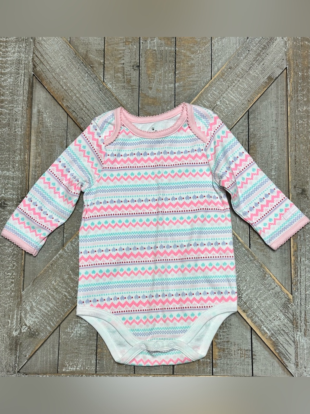 Small Wonders Pink & Mint Patterned Long-Sleeve Baby One-Piece